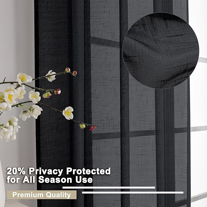 Aiyufeng Kirei 2 PCS Black Sheer Textured Curtains 36 inch Length, Faux Linen Textured Soft Elegant Short Cafe Curtains for Farmhouse Bathroom Bedroom Small Windows, Each 30Wx36L inch