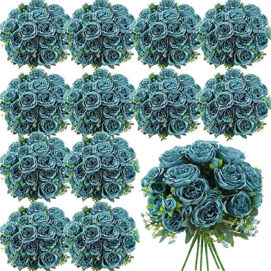 Geosar 16 Bundles Artificial Peonies Flowers Fake Silk Peony Bouquet Faux Peonies Flowers Bulk for Decoration Vase Floral Arrangements Wedding Party Table (Teal)
