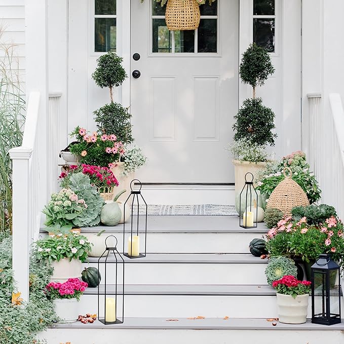 Perfnique Modern Farmhouse Lanterns, Set of 3 Black Metal Lanterns w/ 6hr Timer Flickering Flameless Candles, Decorative for Outdoor Decor, Front Porch, Indoor, Patio, Garden, Fireplace, Christmas