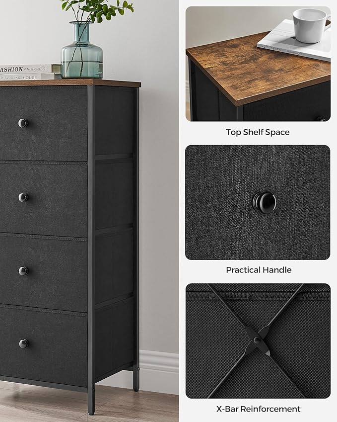 SONGMICS Dresser for Bedroom, Fabric Dresser with 4 Drawers, Metal Frame, Small Chest of Drawers, Black and Rustic Brown ULTS314B01