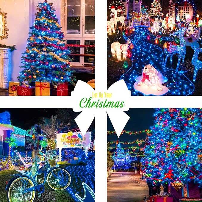 JMEXSUSS 33ft 100 LED Blue Christmas Tree Lights, Battery Operated Christmas Lights with 8 Modes Remote Waterproof Outdoor Indoor for Halloween Christmas Outside Decorations