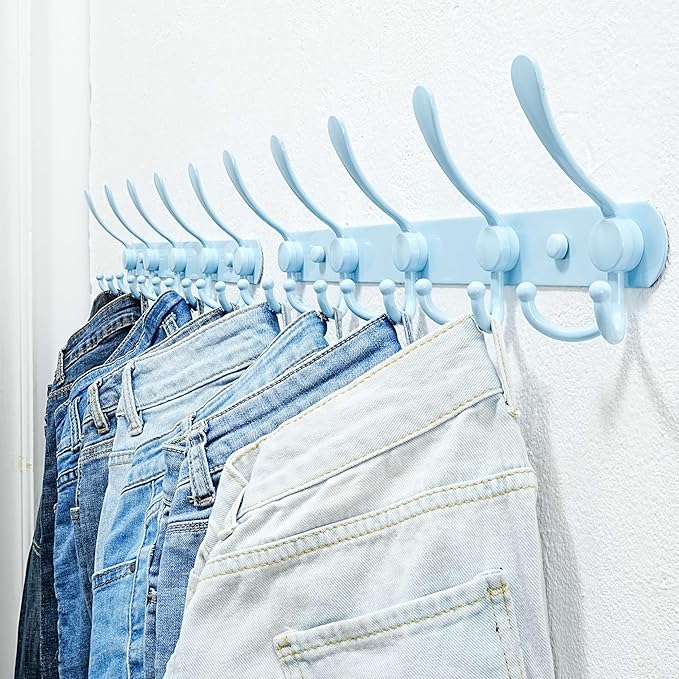 Dseap Coat Rack Wall Mounted - 5 Tri Hooks, Heavy Duty, Stainless Steel, Metal Coat Hook Rail for Coat Hat Towel Purse Robes Mudroom Bathroom Entryway, Blue