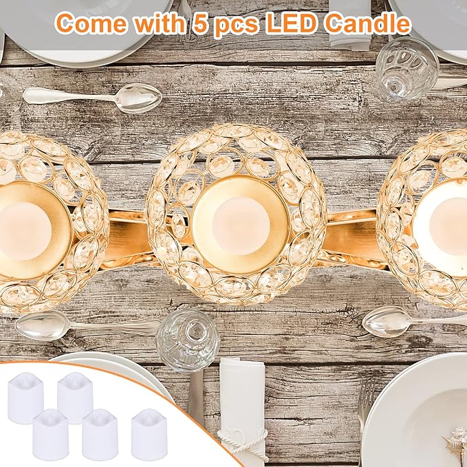 Gold Crystal Candle Holders Decorative Candelabra 3 Arms Candlesticks Holder Table Centerpiece Center Pieces Decoration for Dining Table Home Decor, Wedding, Party, Anniversary