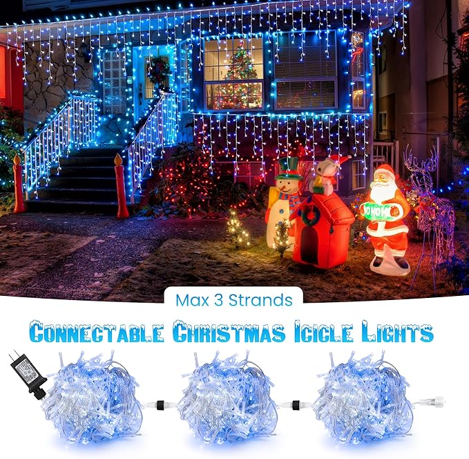 Toodour White & Blue Christmas Icicle Lights, 29.5ft 360 LED Icicle Lights, 8 Modes, 60 Drops, Window Curtain Led Christmas Light, Icicle Twinkle Light for Eaves, Party, Wedding, Xmas Decorations