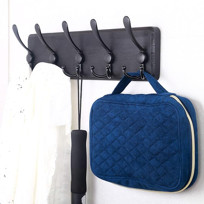 SKOLOO Coat Rack Wall Mounted - Pack of 2, Wooden, Heavy Duty, Rustic Coat Hooks for Wall, 16'' Hole to Hole, Wall Coat Rack with 5 Triple Hooks for Hanging Clothes, Jacket, Hat(Black)
