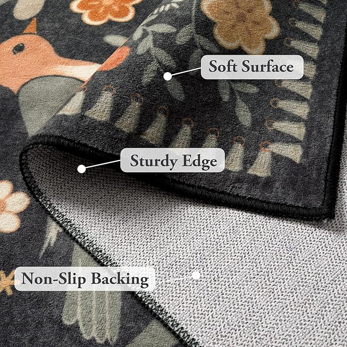 Moynesa Boho Birds 8x10 Area Rugs for Living Room, Black Floral Bedroom Rug Washable Low-Pile Playroom Rug, Vintage Soft Jungle Pattern Indoor Floor Carpet for Nursery Dining Room