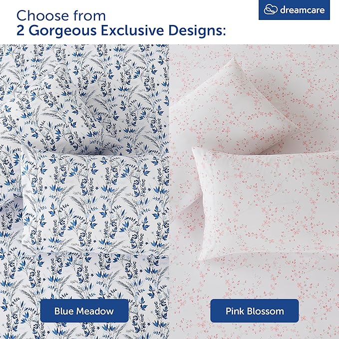 DREAMCARE Full Size Bed Sheets - Luxurious Floral Full Sheet Set - 4 Pc Ultra Soft Breathable Wrinkle Free Brushed Microfiber Floral Blue