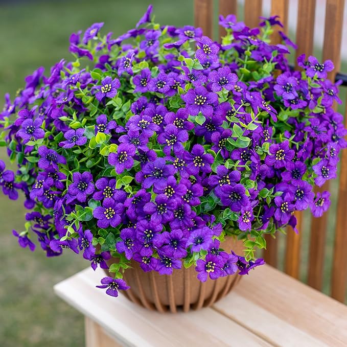 Artificial Flowers for Outdoors Fake Plants - 16 Bundles Fake Plants UV Resistant No Fade Faux Plastic Greenery Home Garden Porch Patio Decoration Office Indoor (Purple)
