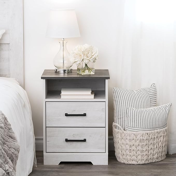 Prepac Rustic Ridge Farmhouse Bedroom Nightstand with 2 Drawers and an Open Cubby, Wooden Bedside Table for Bedroom, Office, or Living Room, 16.25in x 18.75in x 24.5in, Washed White