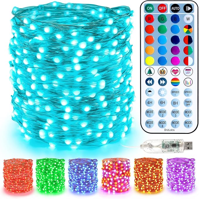 BrizLabs Christmas Fairy String Lights, 33ft 100 LED Color Changing Christmas Fairy Lights with Remote Timer, USB Rainbow Xmas Light Music Sync RGB Twinkle Light for Xmas Halloween Home Party Wedding