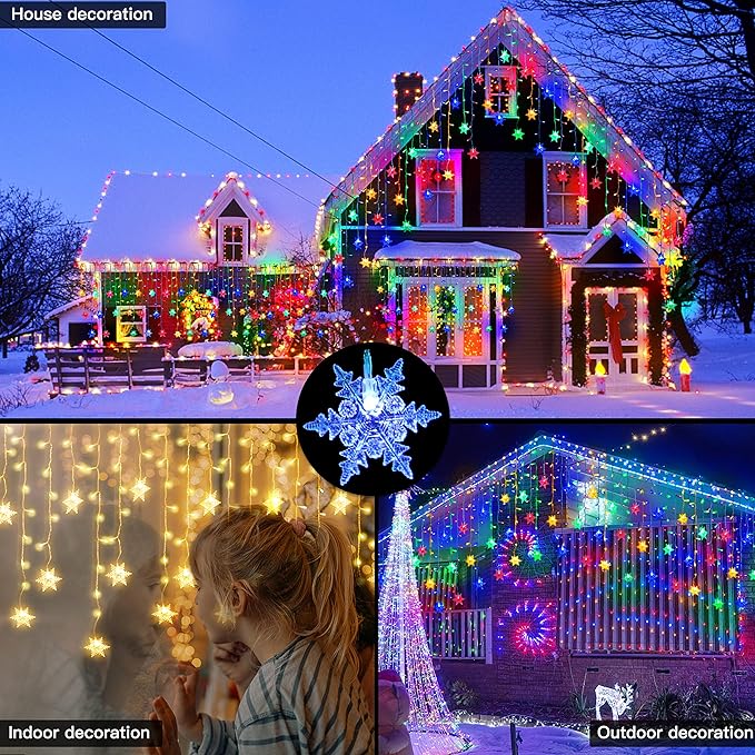 Christmas Snowflake Icicle Lights - Connectable 40ft 360 LEDs Multicolor/Warm White 20 Color Changing Waterproof Outdoor LED Christmas Lights With RF Control for House Curtain, Eaves, Xmas Decorations