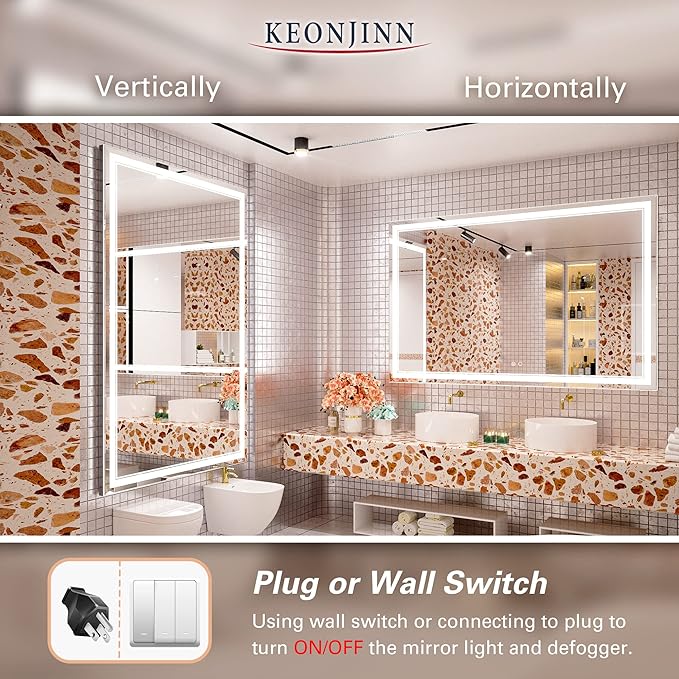 Keonjinn LED Bathroom Mirror with Lights, 60 x 40 Inch, Dimmable, Anti-Fog, Waterproof, Wall Mounted, Home Mirror