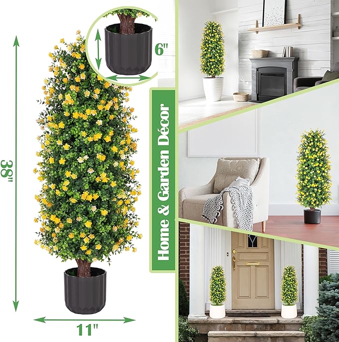 Sunnyglade 2 Packs Artificial Rose Tree 3FT- Fake Floral Plant Tree in Pot- Decorative Topiary Plant - Cement Filled Potted Faux Flower Plant for Home Office Porch Decor Indoor Outdoor(Yellow)