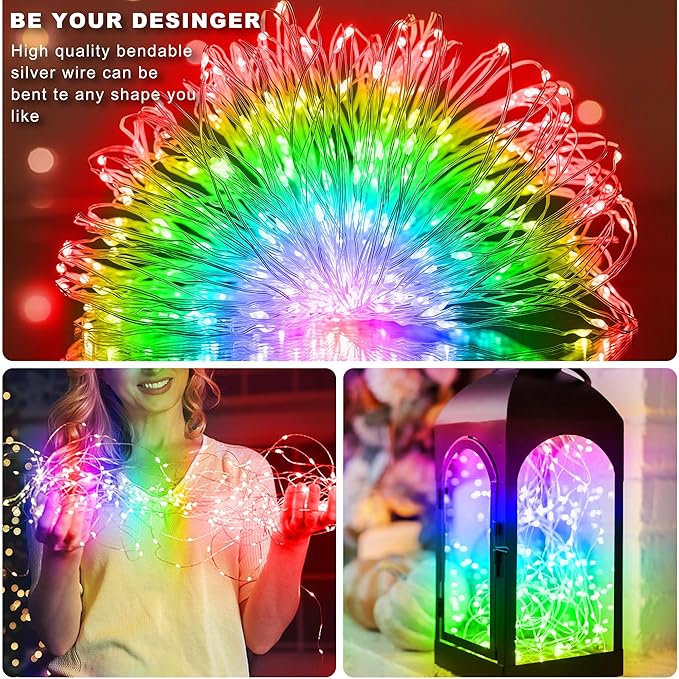 Christmas Multicolor Fairy Lights Battery Operated 2 Pack 16.4Ft 50 LEDs Silver Copper Wire Twinkle Lights for Bedroom Indoor Outdoor Wedding Dorm Parties Holiday Yard Decorations