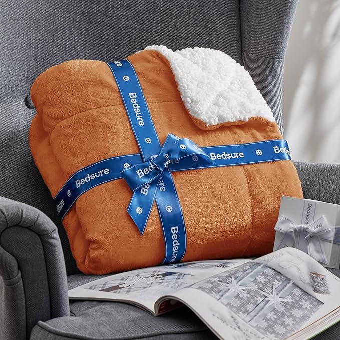 Bedsure GentleSoft Sherpa Fleece Throw Blanket for Couch - Thick and Warm, Soft Fuzzy Plush Throw Blanket for Winter, Burnt Orange, 50x60 Inches