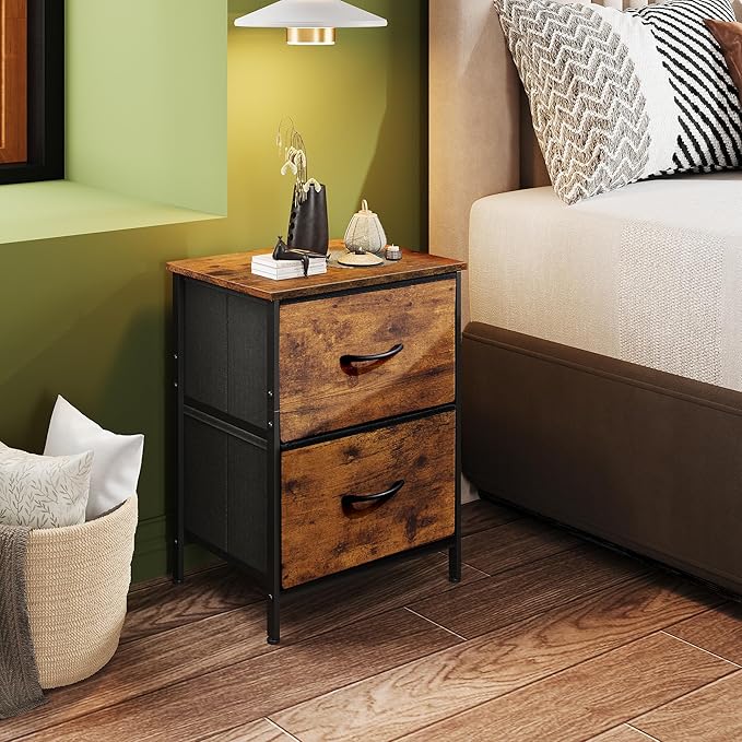 WLIVE Nightstand Set of 2, 2 Drawer Dresser for Bedroom, Small Dresser with 2 Drawers, Bedside Furniture, Night Stand, End Table for Bedroom, College Dorm, Rustic Brown Wood Grain Print