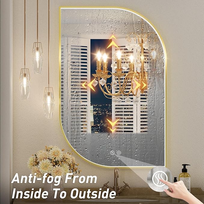 24X32 Inch LED Mirror for Bathroom with Lights,Gold Frame Lighted Irregular Asymmetrical Vanity Wall Mirror,Anti-Fog,Dimmable