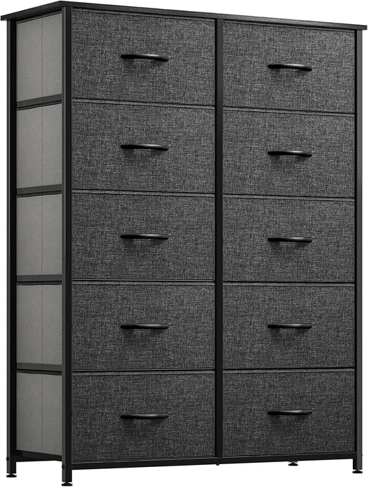 YITAHOME 10 Drawer Dresser - Fabric Storage Tower, Organizer Unit for Bedroom, Living Room, Hallway, Closets - Sturdy Steel Frame, Wooden Top & Easy Pull Fabric Bins (Black Grey)