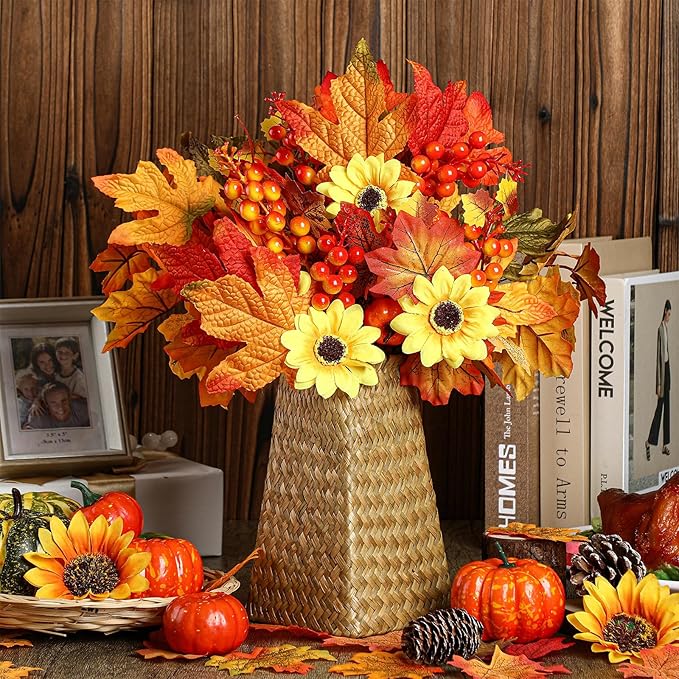 Ceenna 16 Bundles Fall Artificial Flowers for Outdoors Decorations Floral Picks Stem Fake Mums Eucalyptus Maple Leaves Berry for Garden Autumn Thanksgiving Arrangement(11 Inch,Maple Leaf)