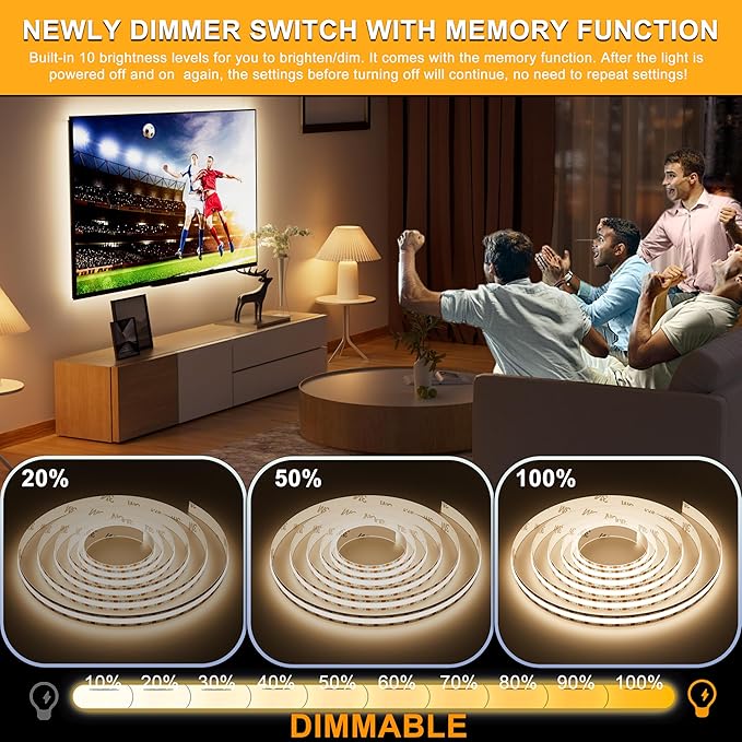 PAUTIX COB LED Strip Light 6.56ft/2m, 640LEDs 1200lm Dimmable 5V USB LED Strip White 4000K CRI90+ TV Backlight,USB Powered Flexible Under Cabinet LED Tape Light for Bedroom,Kitchen,Home DIY Lighting