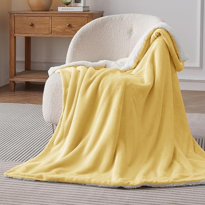 Bedsure GentleSoft Sherpa Fleece Throw Blanket Twin Size for Couch - Thick and Warm Throw for Women and Men, Soft Fuzzy Plush Twin Blanket for Winter, Yellow, 60x80 Inches