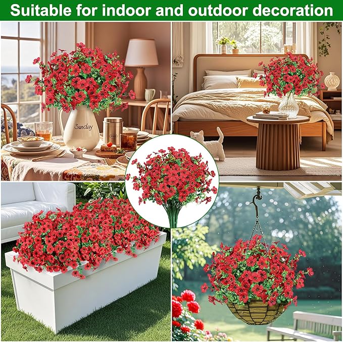 Ouddy Decor 24 Bundles Artificial Flowers for Outdoors Fake Silk Flowers UV Resistant Faux Plastic Plants for Spring Summer Garden Porch Window Box Table Vase Home Indoor Outdoor Decoration, Red