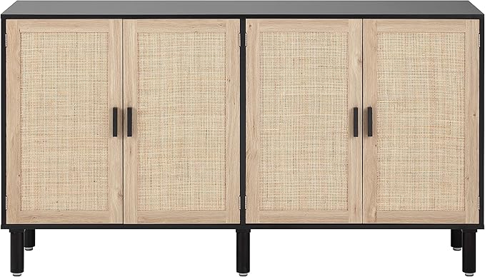 Finnhomy 4 Door Sideboard Buffet Cabinet, Kitchen Storage Cabinet with Rattan Decorated Doors, Cupboard Console Table, Boho Accent Liquor Cabinet, Bar Cabient, 62.3X 15.7X 34.6 Inches, Black