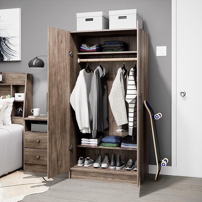 Prepac Elite 32" Storage Cabinet, Gray Storage Cabinet with Hanging Rail and Shelves for Living room, Kitchen ang Laundry Room 24.5" D x 32" W x 65" H