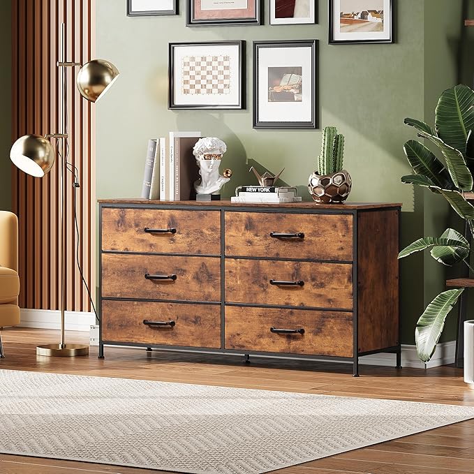WLIVE 6 Drawer Dresser for Bedroom Large, Fabric Wide Dresser TV Stand for 50, 55, 60 inch TV, Big Long Chest of Drawers with Deep Drawer for Closet, Bedroom, Living Room, Hallway, Rustic Brown