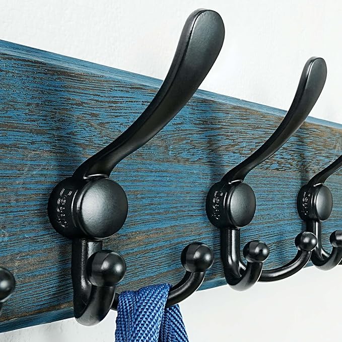 Dseap Coat Rack Wall Mount - Heavy-Duty Robust Barnwood-Style Wooden Wall Coat Hanger Hook Rail with 5 Triple Hooks for Winter Coats Hat Jacket Clothing, Weathered Blue & Black, Pack of 2