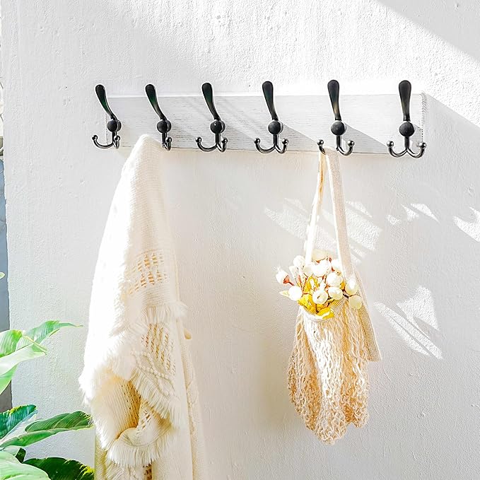Dseap Coat Rack Wall Mounted - 24" Long 6 Tri Hooks, Heavy Duty Wooden Wall Coat Hanger Coat Hook for Clothes Hat Jacket Clothing, White and Black, Pack of 2