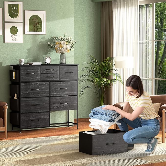 Dresser for Bedroom with 10 Drawers, Chest of Drawers with Side Pockets, Hooks, Wooden Top and Sturdy Metal Frame, Fabric Dresser Drawers for Living Room, Hallway (Black Wood Veins)