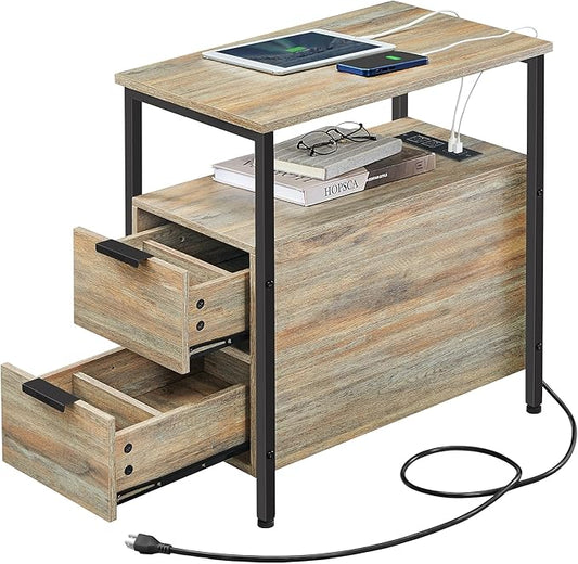 VASAGLE Side End Table with Charging Station, Slim Nightstand with 2 Drawers, Narrow Bedside Table for Living Room, Small Spaces, Turquoise Brown and Ink Black ULET321B60