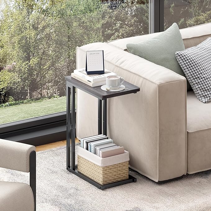 Yusong C Shaped End Table - Slide Under Sofa Couch Bed, Small Table for Small Spaces, Skinny Overbed, Coffee Drink Snack Table for Living Room, Grey Oak