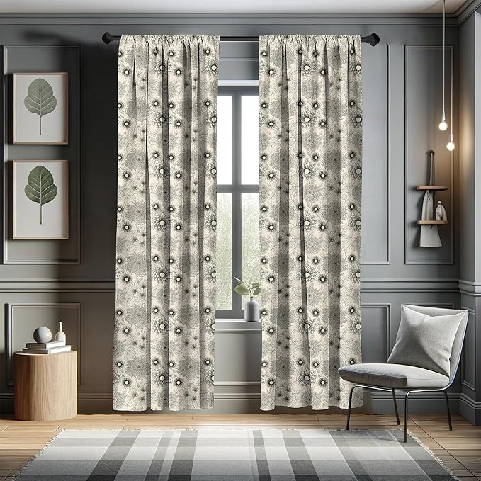 Ambesonne Dahlia Curtains, Vintage Style Garden Flower Sketches of Dahlia and Chrysanthemum Botany Theme, Window Treatments 2 Panel Set for Living Room Bedroom, Pair of - 28" x 95", Beige Black