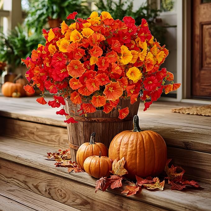 Artificial Fall Flowers Outdoor Fake Mums - 16 Bundles Fake Plants UV Resistant No Fade Faux Plastic Greenery Garden Morning Glory Home Decor (1, MixedFall 4 Colors)