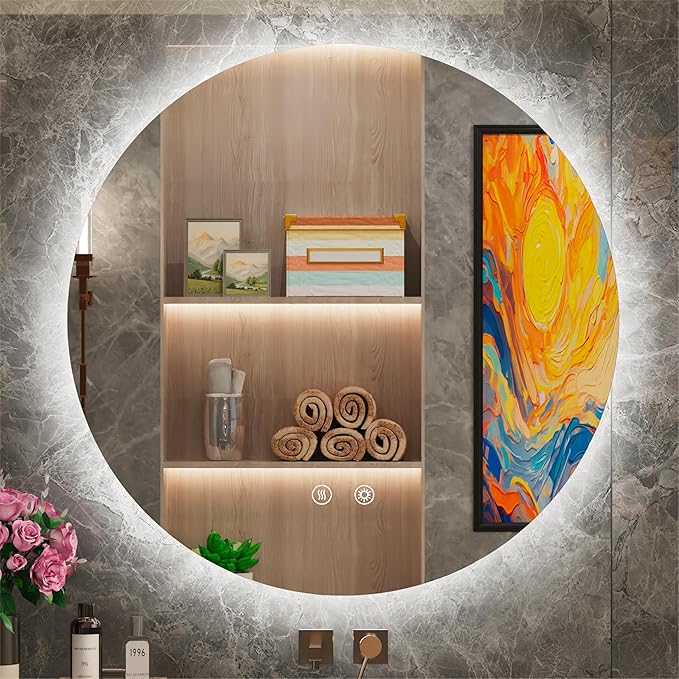 42" Round LED Bathroom Mirror, Backlit Vanity Larege Round Bathroom Mirror with Lights, LED Lighted, Dimmable, Anti-Fog, Touch, 3000K/4500K/6000K