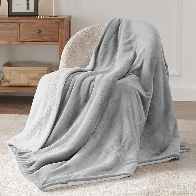 Bedsure GentleSoft Sherpa Fleece Throw Blanket Twin Size for Couch - Thick and Warm Throw for Women and Men, Soft Fuzzy Plush Twin Blanket for Winter, Light Grey, 60x80 Inches