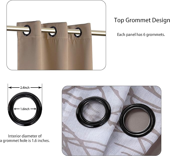 BONZER Mix and Match Curtains - 2 Pieces Branch Print Sheer Curtains and 2 Pieces Blackout Curtains for Bedroom Living Room Grommet Window Drapes, 37x95 Inch/Panel, Taupe, Set of 4 Panels