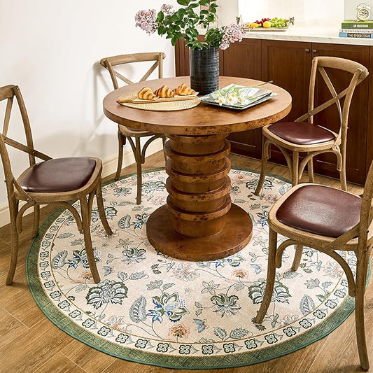 jinchan 6ft Floral Round Rug for Dining Room Washable Living Room Rug Vintage Romance Design Non Slip Indoor Floor Cover Lightweight Low-Profile Throw Carpet for Bedroom Porch Patio, Green/Beige