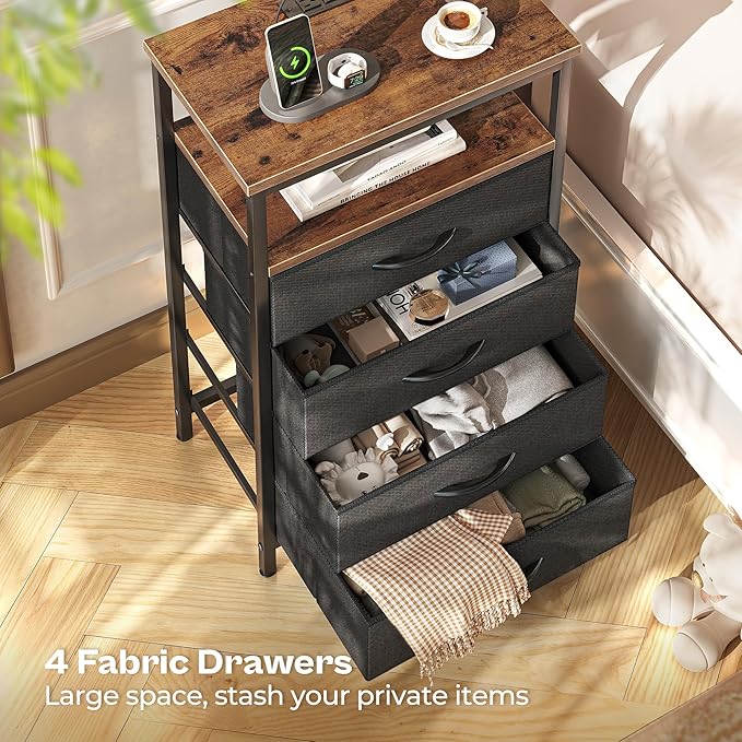 Huuger Night Stand with Charging Station, 4 Drawer Dresser for Bedroom, Bedside Table, 33.9 Inch Tall Nightstand with Open Shelf, End Table, for Closet, Entryway, Bedroom, Rustic Brown and Black