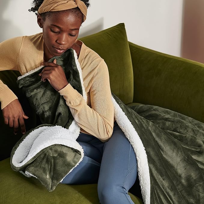 Bedsure GentleSoft Sherpa Fleece Throw Blanket Twin Size for Couch - Thick and Warm Throw for Women and Men, Soft Fuzzy Plush Twin Blanket for Winter, Olive Green, 60x80 Inches