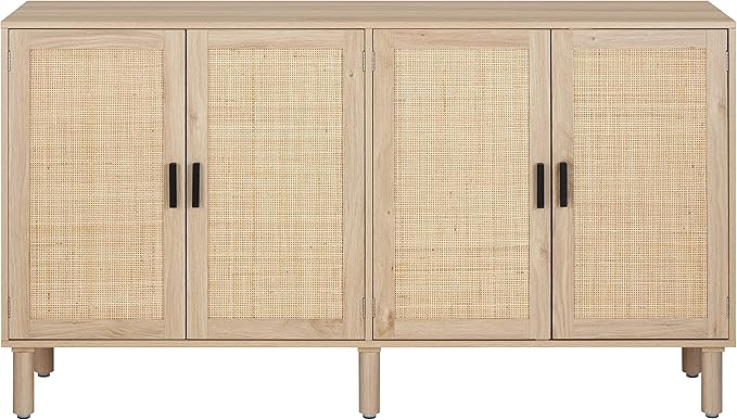 Finnhomy 4 Door Sideboard Buffet Cabinet, Kitchen Storage Cabinet with Rattan Decorated Doors, Cupboard Console Table, Boho Accent Liquor Cabinet for Home Bar, 62.3X 15.7X 34.6 Inches, Natural
