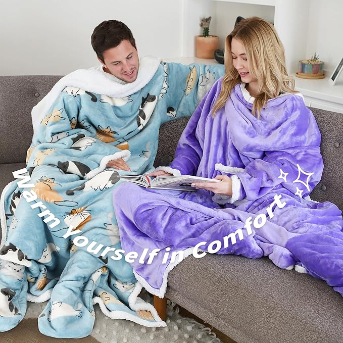 Catalonia Sherpa Wearable Blanket with Sleeves & Foot Pockets for Adult Women Men, Comfy Snuggly Wrap Sleeved Throw Blanket Robe, Gift Idea, Grey