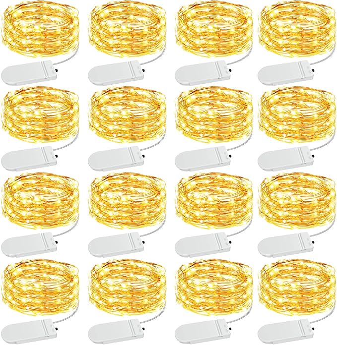 Olafus 16 Pack Christmas Fairy Lights Battery Operated Warm White, Halloween Small String Lights Copper Wire 20 LED 7ft, IP68 Waterproof Bottle Light for Wedding Vases Centerpieces Decorations Party