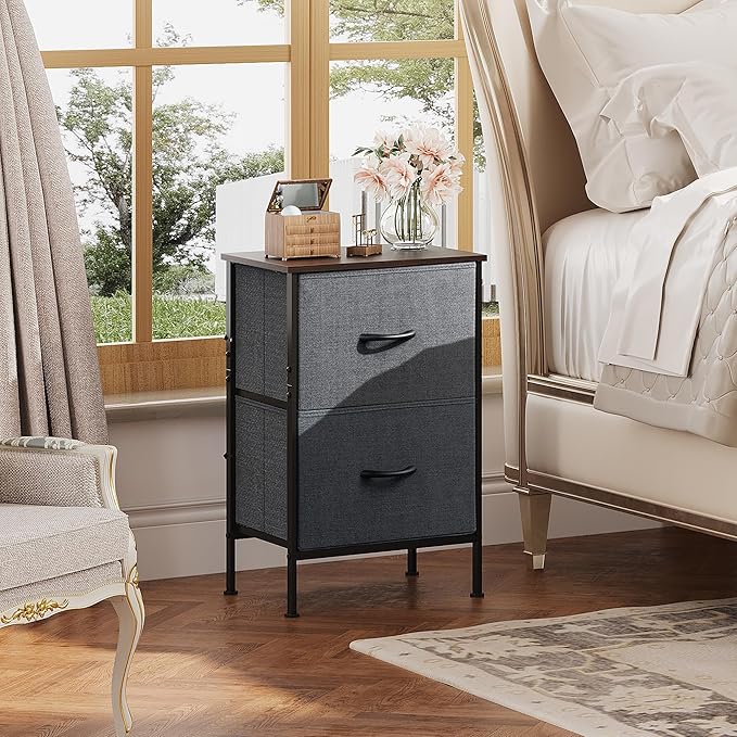 WLIVE Night Stand Set 2, Dresser and Nightstand Sets, Small Dresser for Bedroom with 2 Drawers, End Table with Fabric Bins for Closet, Bedside Furniture, College Dorm, Dark Grey