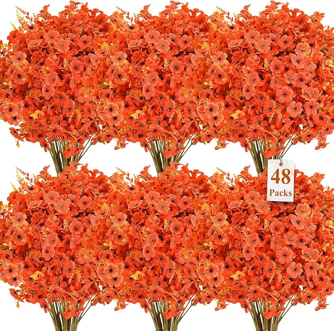 SHareconn 48 Bundles Artificial Fall Flowers for Outdoors Decoration,UV Resistant Silk Eucalyptus Lavender Faux Autumn Fake Plants for Outside Indoor Garden Yard Porch Home Decor,SunsetRedAutumnColour