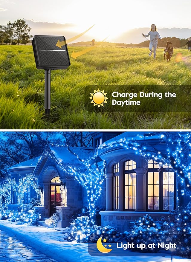 Minetom Solar String Lights for Outside, 33Ft 100 LED Outdoor Solar Fairy Lights, 8 Modes Balcony Lights for Tree Patio Christmas Party Decor (Blue and White)