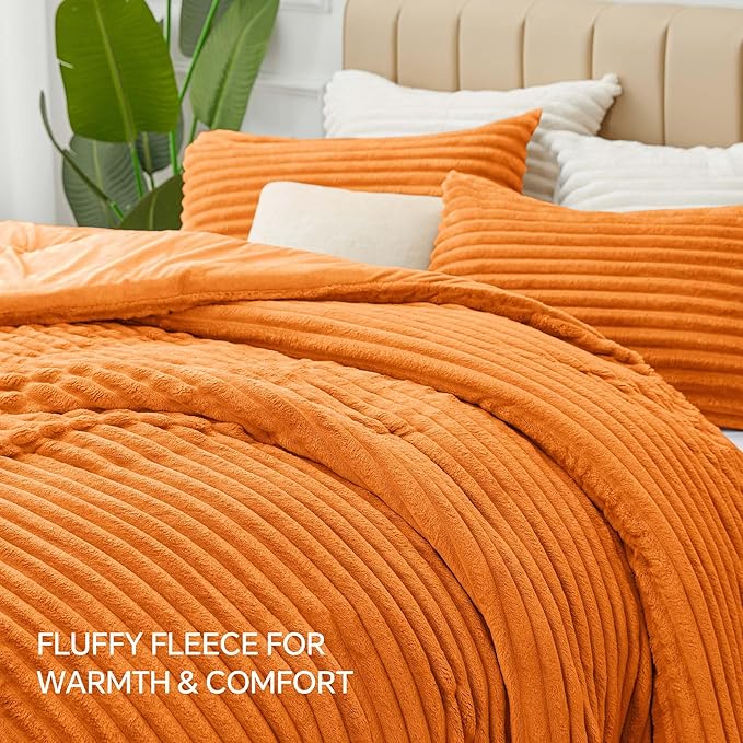 BEDELITE Fleece King Comforter Set -Super Soft & Warm Fluffy Burnt Orange Bedding, Luxury Fuzzy Heavy Bed Set for Winter with 2 Pillow Cases