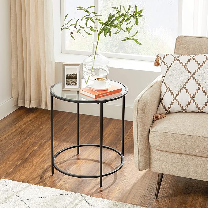 VASAGLE Round Side Tables, Set of 2, Glass End Tables with Metal Frame, Black Coffee Tables with Modern Style, for Living Room, Balcony, Bedroom, Black